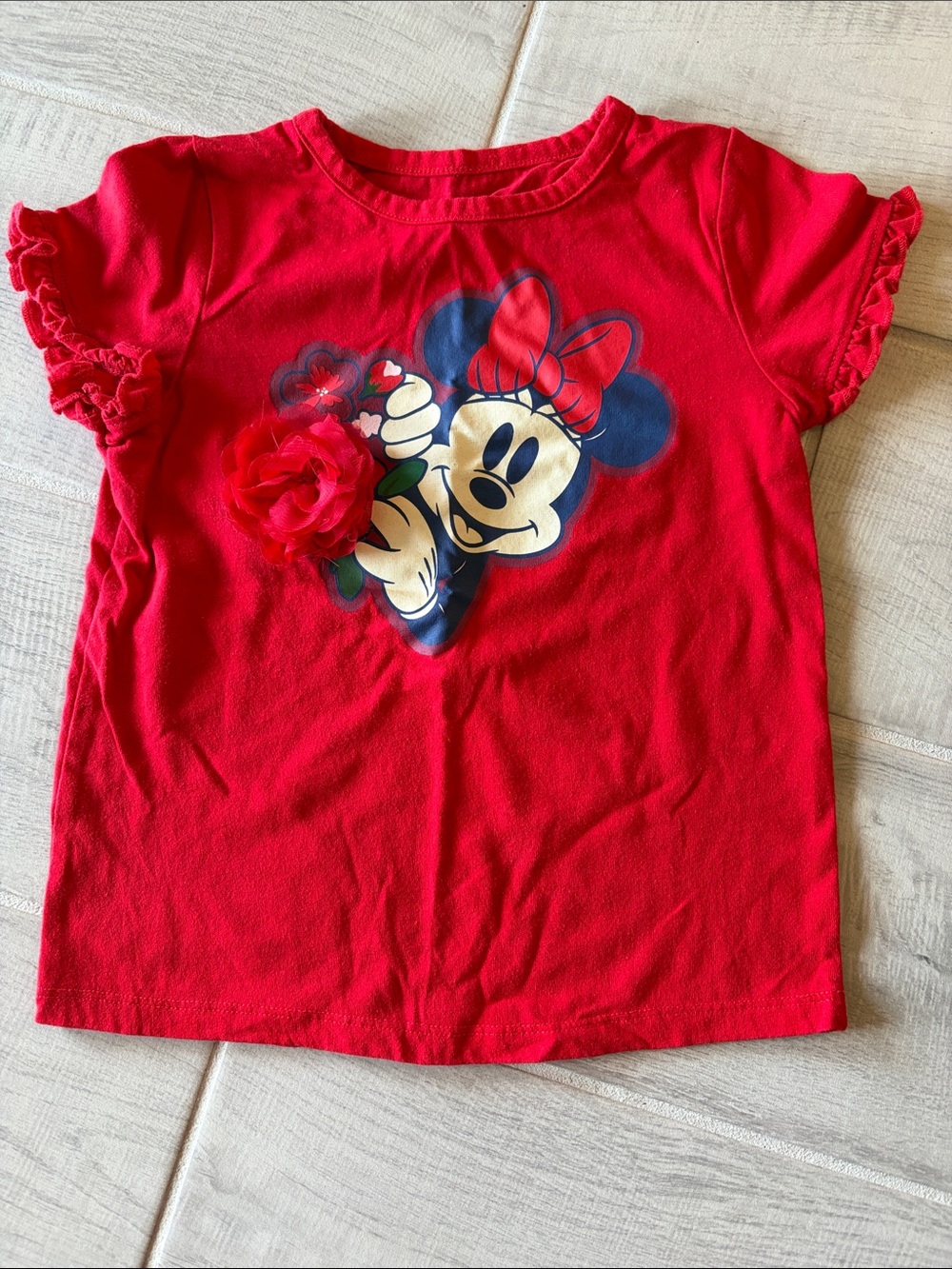 Disney Red Minnie Mouse Flower Applique Short Sleeve Tee